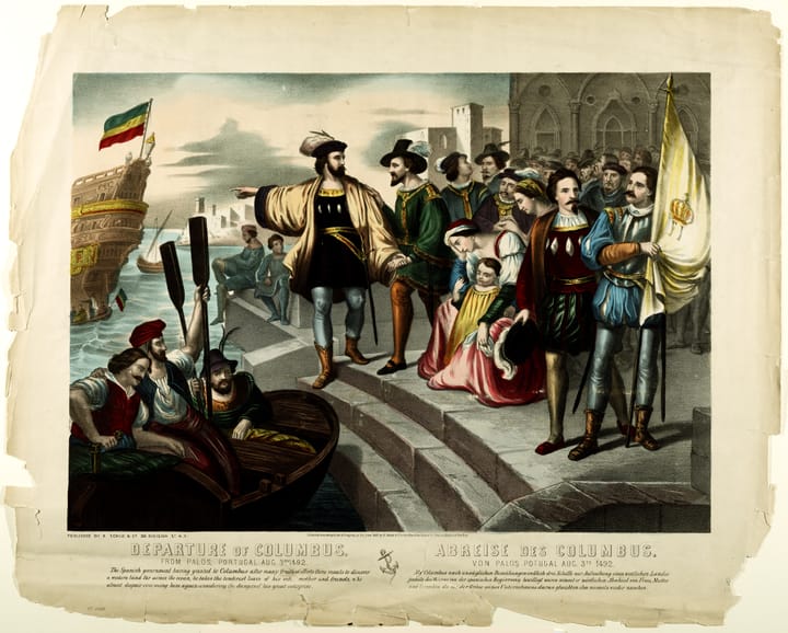 Colored print of Christopher Columbus bidding farewell to his family and friends.