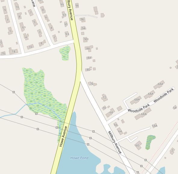 A map of Howe Avenue and Millbury Avenue. Both roads go northward, and merge into Millbury Avenue.