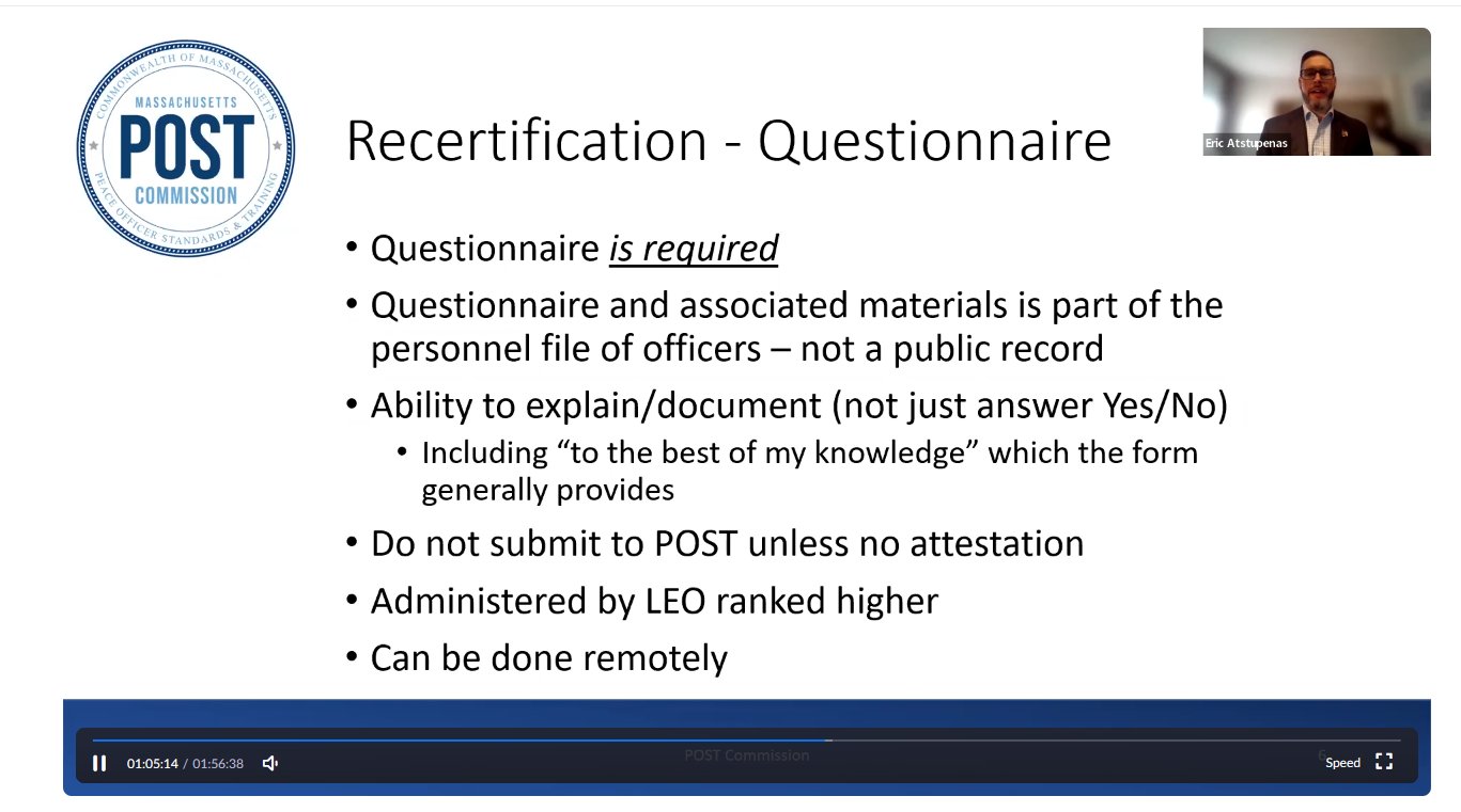An image about the POST Commission recertification questionnaire. MCOPA counsel Eric Atstupenas is visible in the upper right.