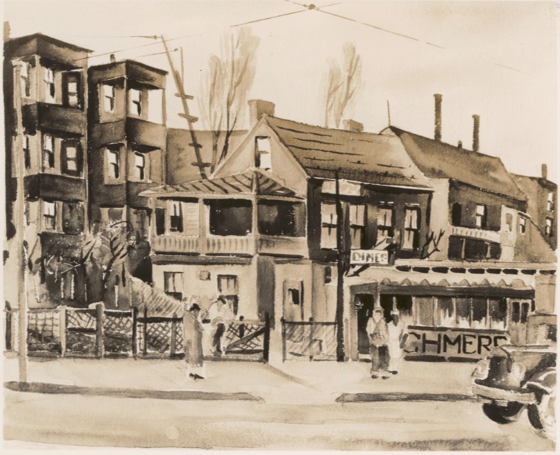 A watercolor of houses along a street. Some triple deckers, a boxcar diner, and an old car is seen in the road. Four people are walking on the sidewalk.