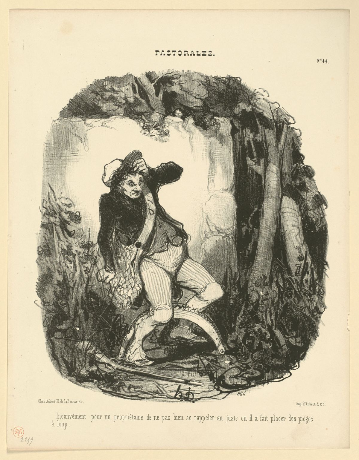 A sketch of a man with his leg stuck in a bear trap in the woods.