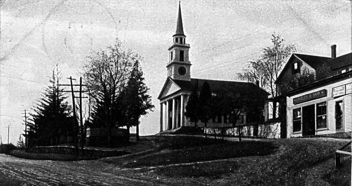 A black-and-white image of the First Congregational Church in the Bramanville area of Millbury, MA