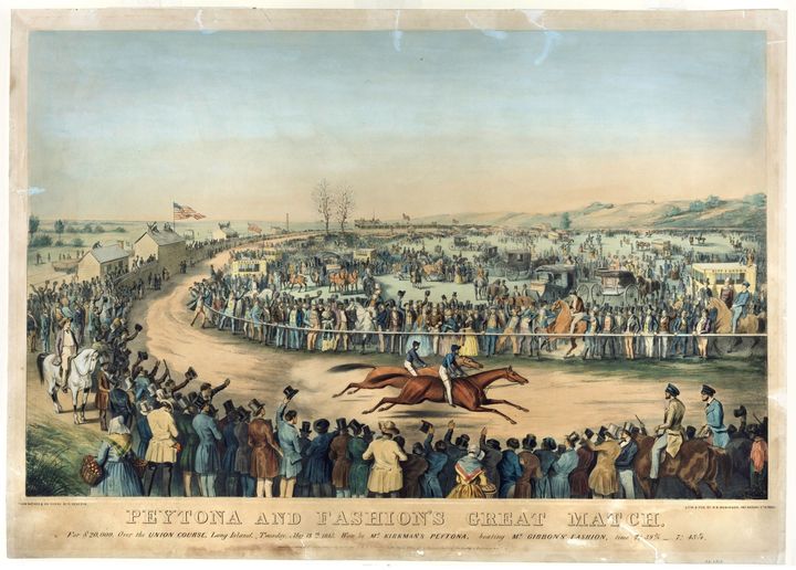 A lithograph of two horses racing, with a crowd on both sides.