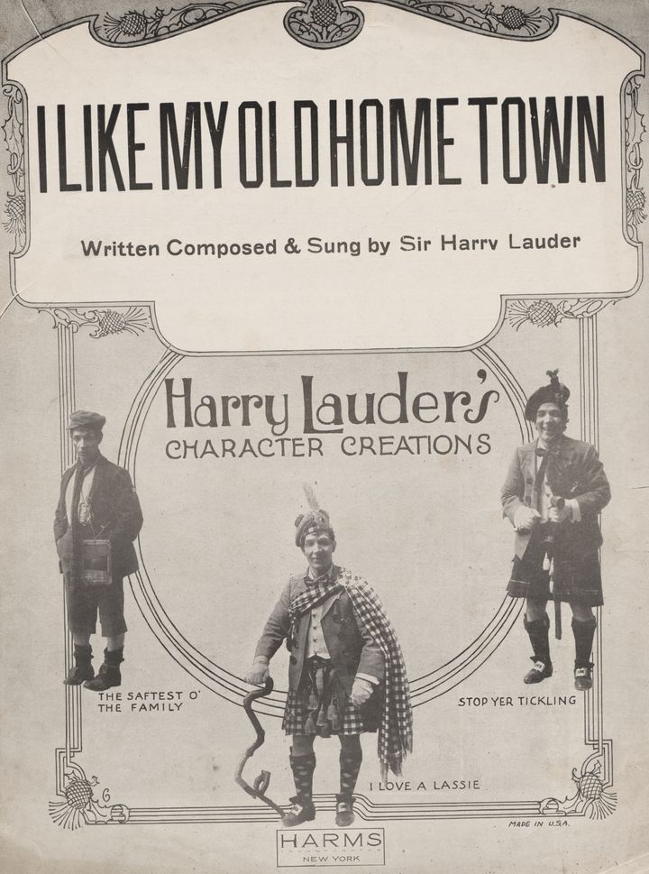 A flier from 1923 titled "I Love My Hometown," with 3 images captioned "Harry Lauder's Character Creations."