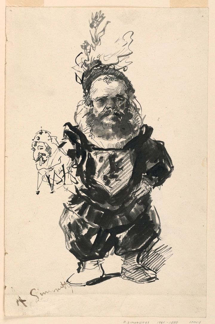 A bearded dwarf in the attire of about 1600 with a coat of arms at his breast, shown facing front.