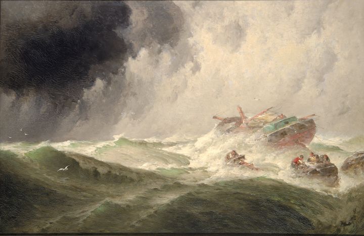 The Wreck shows a lifeboat pulling away from a sinking ship, with a storm approaching from the left. 
