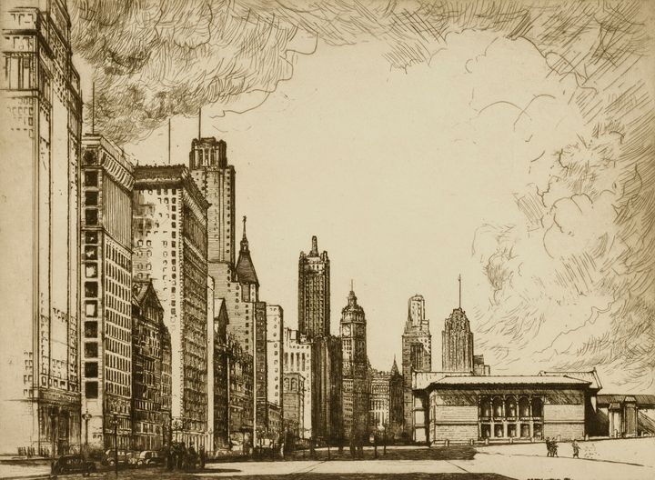 Sketch of a city, with skyscrapers to the left and open space to the right.