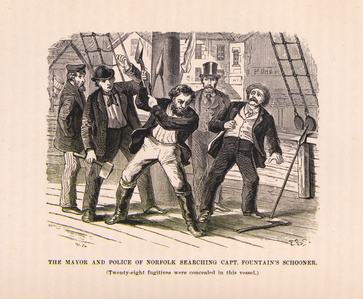 Five men on a ship, one has an axe swinging downward toward the floor of the ship. 